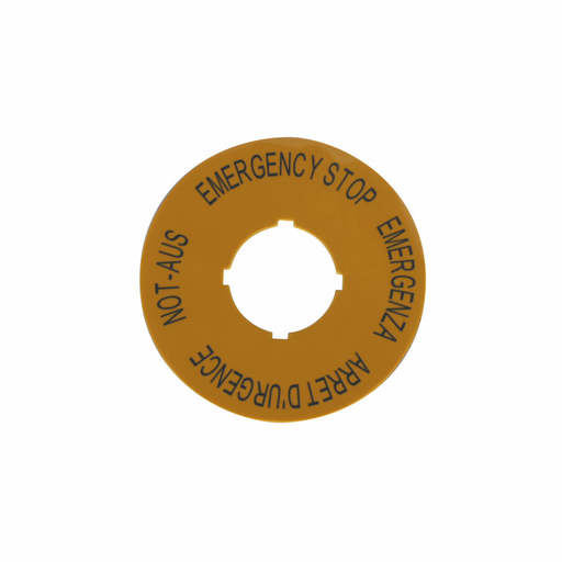 Product image for Cutler-Hammer M22-XBK1 M22 modular pushbutton legend plate, Complete, 22.5 mm, Button: Yellow, Inscription: EMERGENCY-STOP four-language, IP66, NEMA 4X, 13..