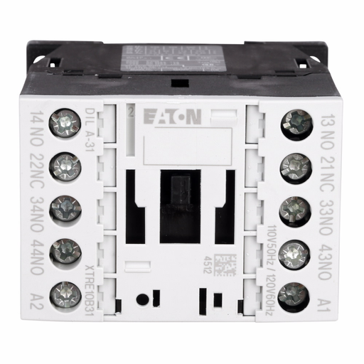 Product image for Cutler-Hammer XTRE10B31A XT IEC Control Relay, Screw terminals, 45 mm - standard Frame size, 3NO-1NC contact configuration, 110V 50 Hz, 120V 60 Hz coil, 10A conventional thermal rating, 6A at 220/230/240V; 4A