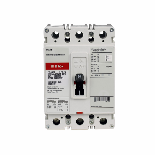 Product image for Cutler-Hammer HFD3150S10 Series C complete molded case circuit breaker, F-frame, HFD, Fixed thermal and magnetic trips, Three-pole, 150A, 600 Vac, 250 Vdc, 100 kAIC at 240 Vac, 65 kAIC at 480 Vac, Load