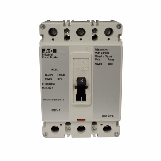 Product image for Cutler-Hammer HFDDC3010VL Series C DC/PvGard complete molded case circuit breaker, F-frame, HFD, Complete breaker, Fixed thermal, fixed magnetic trip type, Three-pole, 10A, 600 Vac, 250 Vdc, 42 kAIC at