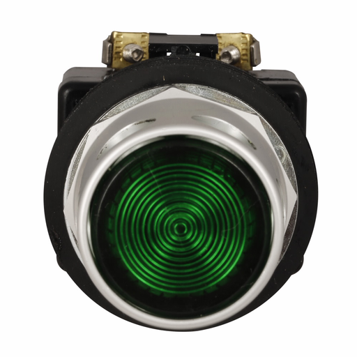 Product image for Cutler-Hammer HT8GDRABL1 30.5 mm Watertight/Oiltight Pushbutton, Extended, Red Actuator, Chrome bezel, 1NO-1NC, Illuminated, Red lens, LED, transformer, 120 Vac Light Unit, Momentary, Plastic, Guarded,