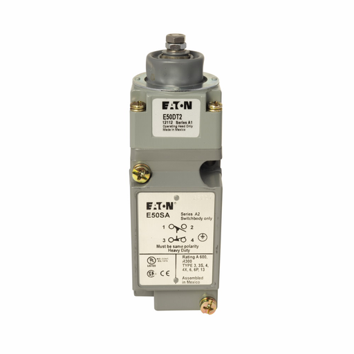 Product image for Eaton Electrical E50AT2 240 VAC 10 Amp 1-Pole 1NO 1NC Die-Cast Zinc Spring Return Heavy Duty Plug-In Switch