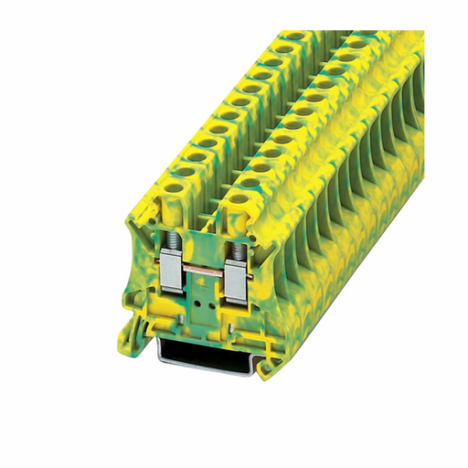 Product image for Cutler-Hammer XBUT6PE XB IEC terminal block, Screw connection single level ground block, Green/yellow, 8 AWG/6 mm2 maximum wire, IEC #15-3 AWG, UL #14-1/0 AWG wire