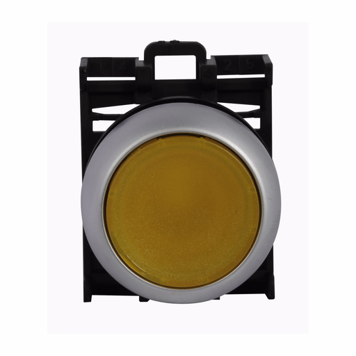 Product image for Cutler-Hammer M22-DL-A M22 modular pushbutton, 22.5 mm, Flush, Momentary, Illuminated, Bezel: Silver, Button: Amber, IP67, IP69K, NEMA 4x, 13, 5,000,000 Million mechanical operations