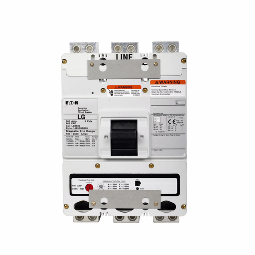 Product image for Cutler-Hammer LG3600 Series C electronic molded case circuit breaker, L-frame, Complete breaker, Fixed thermal, fixed magnetic trip type, Three-pole, 600A, 600 Vac, Line and load, Engine generator, Reve