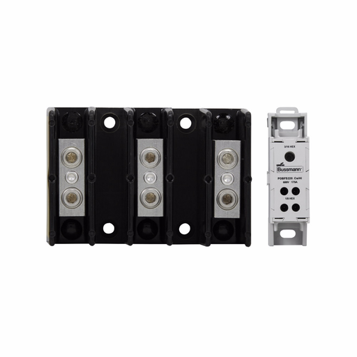 Product image for Bussmann 16021-3 175amp Power Distribution Block, 3-Pole, 600Vac/600Vdc, SCCR 10kA, Molded Thermoplastic, Black