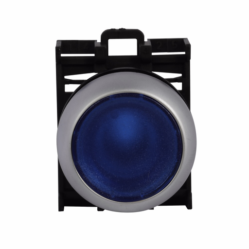 Product image for Cutler-Hammer M22-DL-B M22 modular pushbutton, 22.5 mm, Flush, Momentary, Illuminated, Bezel: Silver, Button: Blue, IP67, IP69K, NEMA 4x, 13, 5,000,000 Million mechanical operations