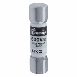 Eaton Bussmann series KTK fuse, LIMITRON Fast-acting fuse, Control circuits, lighting circuit protection, meter circuits, 25 A, Non-indicating, Ferrule end x ferrule end, 100 kAIC at 600 V, Melamine tube,Nickel-plated bronze endcap, 600 V