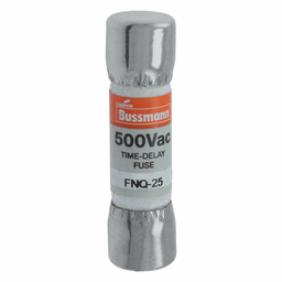 Eaton Bussmann series FNQ fuse, Time-delay Midget fuse, Motor control transformers, circuits with in-rush currents, 25 A, Non-indicating, Ferrule end x ferrule end, 10 kAIC at 500 Vac, Nickel-plated bronze endcap, Standard, 500 V