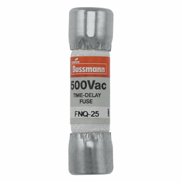Eaton Bussmann series FNQ fuse, Time-delay Midget fuse, Motor control transformers, circuits with in-rush currents, 25 A, Non-indicating, Ferrule end x ferrule end, 10 kAIC at 500 Vac, Nickel-plated bronze endcap, Standard, 500 V