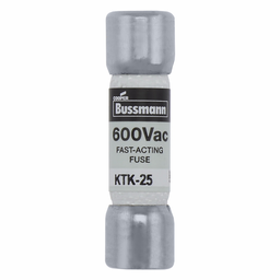 Eaton Bussmann series KTK fuse, LIMITRON Fast-acting fuse, Control circuits, lighting circuit protection, meter circuits, 25 A, Non-indicating, Ferrule end x ferrule end, 100 kAIC at 600 V, Melamine tube,Nickel-plated bronze endcap, 600 V