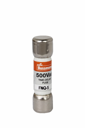 Eaton Bussmann series FNQ fuse, Time-delay Midget fuse, Motor control transformers, circuits with in-rush currents, 5 A, Non-indicating, Ferrule end x ferrule end, 10 kAIC at 500 Vac, Nickel-plated bronze endcap, Standard, 500 V