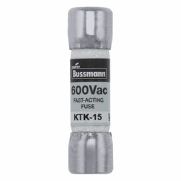Eaton Bussmann series KTK fuse, LIMITRON Fast-acting fuse, Control circuits, lighting circuit protection, meter circuits, 15 A, Non-indicating, Ferrule end x ferrule end, 100 kAIC at 600 V, Melamine tube,Nickel-plated bronze endcap, 600 V