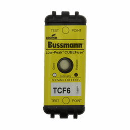 Eaton Bussmann series TCF fuse, 6 A, 60 Hz, 50 Hz, Dual, CF, Black, With Indicator, Blade end, Time delay, 10 sec at 500%, 100 kAIC at 300 Vdc,300 kAIC at 600 V, Glass filled PES, Chassis,35 mm DIN rail, 600 V, 300 Vdc, TCFH30N, CCP2-3-30CF