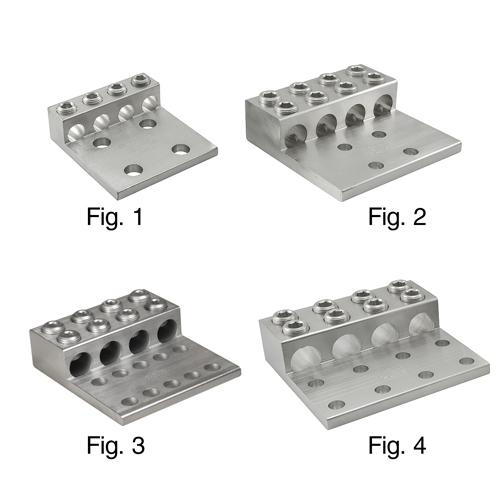 Product image for Ilsco T4A4-350N Aluminum Mechanical Lug, Conductor Range 350-6, 4 Ports, 4 Holes, 1/2in Bolt Size, 1-3/4in Hole Spacing, Tin Plated, UL, CSA