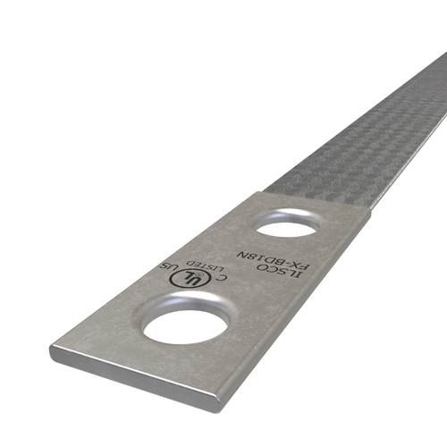 Product image for Ilsco FX-BD18N Copper Flex Braid Connector, Conductor Equivalent Size 1, 1 Braid, 18in, 2 Holes, 1/2in Bolt Size, 1-3/4in Hole Spacing, Tin Plated, UL/cUL