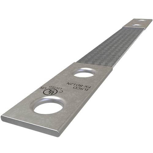 Product image for Ilsco FX-BD12N Copper Flex Braid Connector, Conductor Equivalent Size 1, 1 Braid, 12in, 2 Holes, 1/2in Bolt Size, 1-3/4in Hole Spacing, Tin Plated, UL/cUL