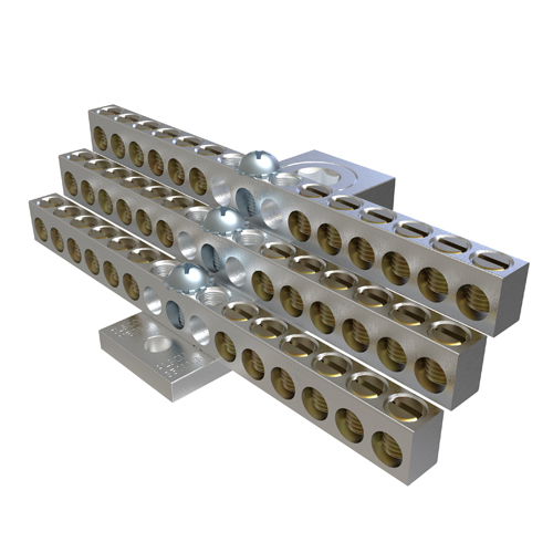 Product image for Ilsco NB-350-36 Aluminum Neutral Bar, Dual Rated, Main Conductor Range 350-6, Tap Range 4-14, 36 Tap Ports, 2 Holes, #10-32 Bolt, Tin Plated, UL, CSA
