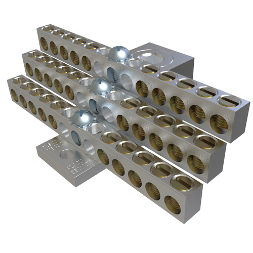 Product image for Ilsco NB-350-30 Aluminum Neutral Bar, Dual Rated, Main Conductor Range 350-6, Tap Range 4-14, 30 Tap Ports, 2 Holes, #10-32 Bolt, Tin Plated, UL, CSA