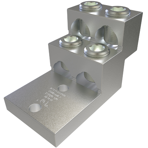 Product image for Ilsco PBMW-4-750-38 Aluminum Panelboard Lug, Multi Wire, Dual Rated, Conductor Range 750-2, 4 Ports, 2 Holes, 3/8in Bolt Size, 1-3/8in Hole Spacing, Tin Plated, UL, CSA
