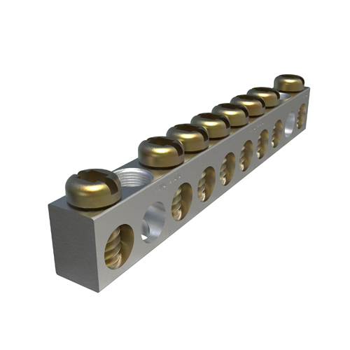 Product image for Ilsco NBAS-008-2-A Aluminum Neutral Bar, Dual Rated, Conductor Range 4-14, 8 Ports, 2 Holes, #10 Bolt, Headed Slot Drive, UL, CSA