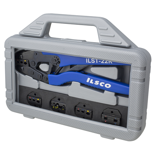 Product image for Ilsco ILST-22K Crimping Tool, Crimping Capacity 10-22, Includes Carrying Case, 5 Dies, and Ratchet Tool