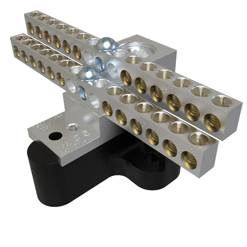 Product image for Ilsco NB-350-24-W/R16 Aluminum Neutral Bar, Dual Rated, Main Conductor Range 350-6, Tap Range 4-14, 24 Tap Ports, 2 Holes, #10-32 Bolt, Tin Plated, UL, CSA, Includes R-16 Mounting Block