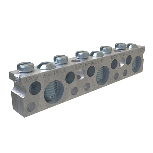 Product image for Ilsco NBCE-0305-2 Copper Neutral Bar, Large Conductor Range 1/0-14, Small Range 6-14, 3 Large Ports, 5 Small Ports, 2 Holes, #10 Bolt, UL, CSA