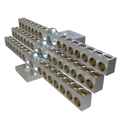 Aluminum Neutral Bar, Dual Rated, Main Conductor Range 350-6, Tap Range 4-14, 42 Tap Ports, 2 Holes, #10-32 Bolt, Tin Plated, UL, CSA