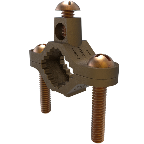Product image for Ilsco BGC-1DB Permaground Brass Ground Clamp, Conductor Range 2-10, Pipe Sizes 1/2 to 1in, UL, Direct Bury