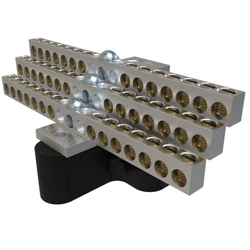 Product image for Ilsco NB-350-42-W/R16 Aluminum Neutral Bar, Dual Rated, Main Conductor Range 350-6, Tap Range 4-14, 42 Tap Ports, 2 Holes, #10-32 Bolt, Tin Plated, UL, CSA, Includes R-16 Mounting Block
