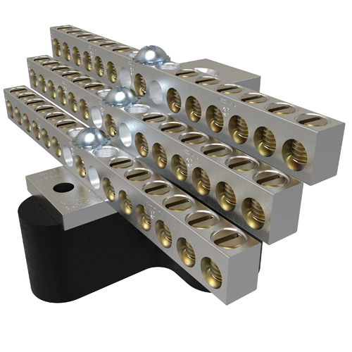 Aluminum Neutral Bar, Dual Rated, Main Conductor Range 350-6, Tap Range 4-14, 36 Tap Ports, 2 Holes, #10-32 Bolt, Tin Plated, UL, CSA, Includes R-16 Mounting Block