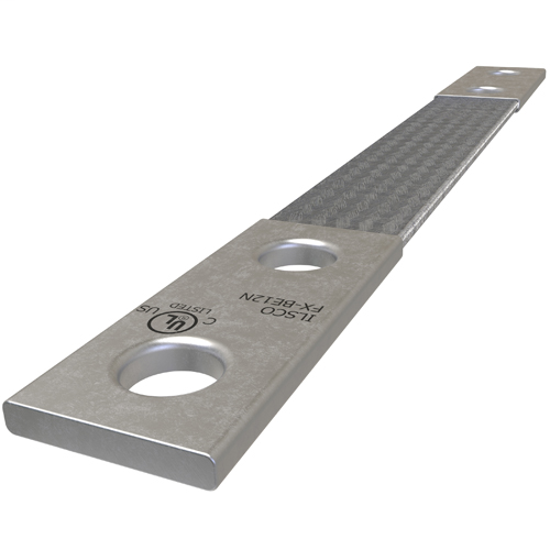 Product image for Ilsco FX-BE12N Copper Flex Braid Connector, Conductor Equivalent Size 3/0, 1 Braid, 12in, 2 Holes, 1/2in Bolt Size, 1-3/4in Hole Spacing, Tin Plated, UL/cUL