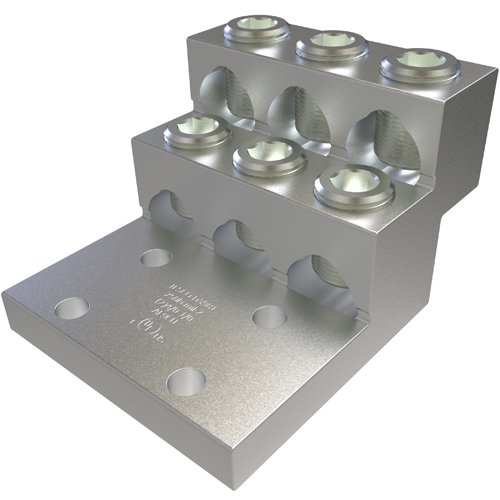 Product image for Ilsco PBMW-6-750-38 Aluminum Panelboard Lug, Multi Wire, Dual Rated, Conductor Range 750-2, 6 Ports, 4 Holes, 3/8in Bolt Size, 1-3/8in Hole Spacing, Tin Plated, UL, CSA