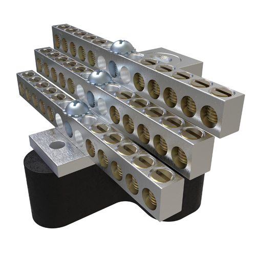 Aluminum Neutral Bar, Dual Rated, Main Conductor Range 350-6, Tap Range 4-14, 30 Tap Ports, 2 Holes, #10-32 Bolt, Tin Plated, UL, CSA, Includes R-16 Mounting Block
