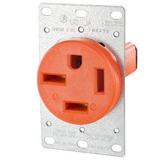 50 Amp, 250 Volt, NEMA 15-50R, 3P, 4W, Flush Mtg Receptacle, Straight Blade, Industrial Grade, Isolated Ground, 3-Phase, Side Wired, Steel Strap, - Orange