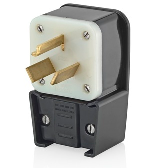 30 Amp, 125/250V, NEMA 10-30P, 3P, 3W, Plug, Straight Blade, Industrial Grade, Non-Grounding, Angle - Black