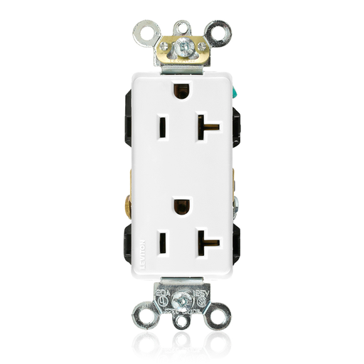 Decora Plus Duplex Receptacle Outlet, Heavy-Duty Industrial Specification Grade, Smooth Face, 20 Amp, 125 Volt, Back or Side Wire, NEMA 5-20R, 2-Pole, 3-Wire, Self-Grounding - White
