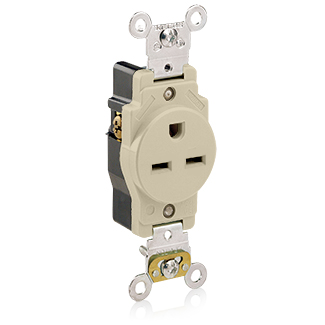 Single Receptacle Outlet, Heavy-Duty Industrial Specification Grade, Smooth Face, 15 Amp, 250 Volt, Back or Side Wire, NEMA 6-15R, 2-Pole, 3-Wire, Self-Grounding - Ivory