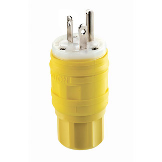 20 Amp, 125 Volt, NEMA 5-20P, 2P, 3W, Plug, Straight Blade, Industrial Grade, Grounding, Wetguard - YELLOW