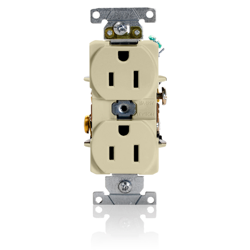 Duplex Receptacle Outlet, Heavy-Duty Industrial Specification Grade, Smooth Face, 15 Amp, 125 Volt, Back or Side Wire, NEMA 5-15R, 2-Pole, 3-Wire, Self-Grounding - Ivory