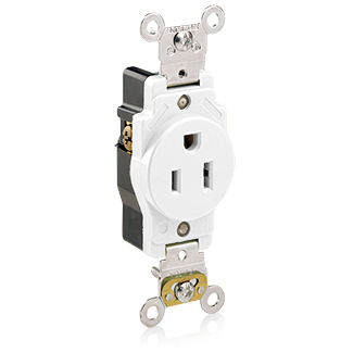 Single Receptacle Outlet, Heavy-Duty Industrial Specification Grade, Smooth Face, 15 Amp, 125 Volt, Back or Side Wire, NEMA 5-15R, 2-Pole, 3-Wire, Self-Grounding - White