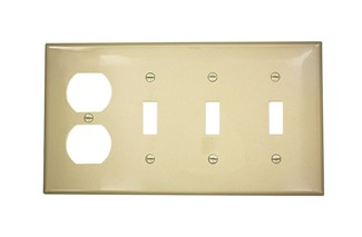 4-Gang 3-Toggle 1-Duplex Device Combination Wallplate, Standard Size, Thermoplastic Nylon, Device Mount, - Ivory