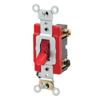20 Amp, 277 Volt, Toggle Pilot Light - Illuminated ON - Req. Neutral Double-Pole AC Quiet Switch, Industrial Grade, Self Grounding, Back & Side Wired, - Red