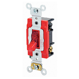 20 Amp, 277 Volt, Toggle Pilot Light - Illuminated ON - Req. Neutral 3-Way AC Quiet Switch, Extra Heavy Duty Spec Grade, Self Grounding, Back & Side Wired, - Red