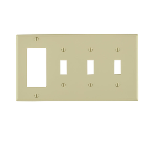 4-Gang 3-Toggle 1-Decora/GFCI Device Combination Wallplate, Standard Size, Thermoplastic Nylon, Device Mount, - Ivory