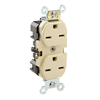 Duplex Receptacle Outlet, Heavy-Duty Industrial Specification Grade, Smooth Face, 15 Amp, 250 Volt, Back or Side Wire, NEMA 6-15R, 2-Pole, 3-Wire, Self-Grounding - Ivory