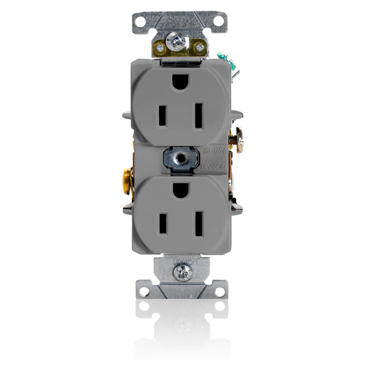 Duplex Receptacle Outlet, Heavy-Duty Industrial Specification Grade, Smooth Face, 15 Amp, 125 Volt, Back or Side Wire, NEMA 5-15R, 2-Pole, 3-Wire, Self-Grounding - Gray