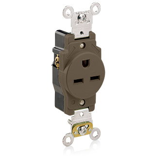 Single Receptacle Outlet, Heavy-Duty Industrial Specification Grade, Smooth Face, 15 Amp, 250 Volt, Back or Side Wire, NEMA 6-15R, 2-Pole, 3-Wire, Self-Grounding - Brown