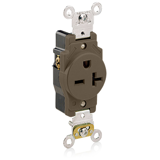 Single Receptacle Outlet, Heavy-Duty Industrial Specification Grade, Smooth Face, 20 Amp, 250 Volt, Back or Side Wire, NEMA 6-20R, 2-Pole, 3-Wire, Self-Grounding - Brown